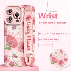 Deluxe Wrist Band Bracket Case For iphone 15 14 13 12 11 Pro Max X XR Xs Silicone Cell Phone Protective Cover Fleece Flower