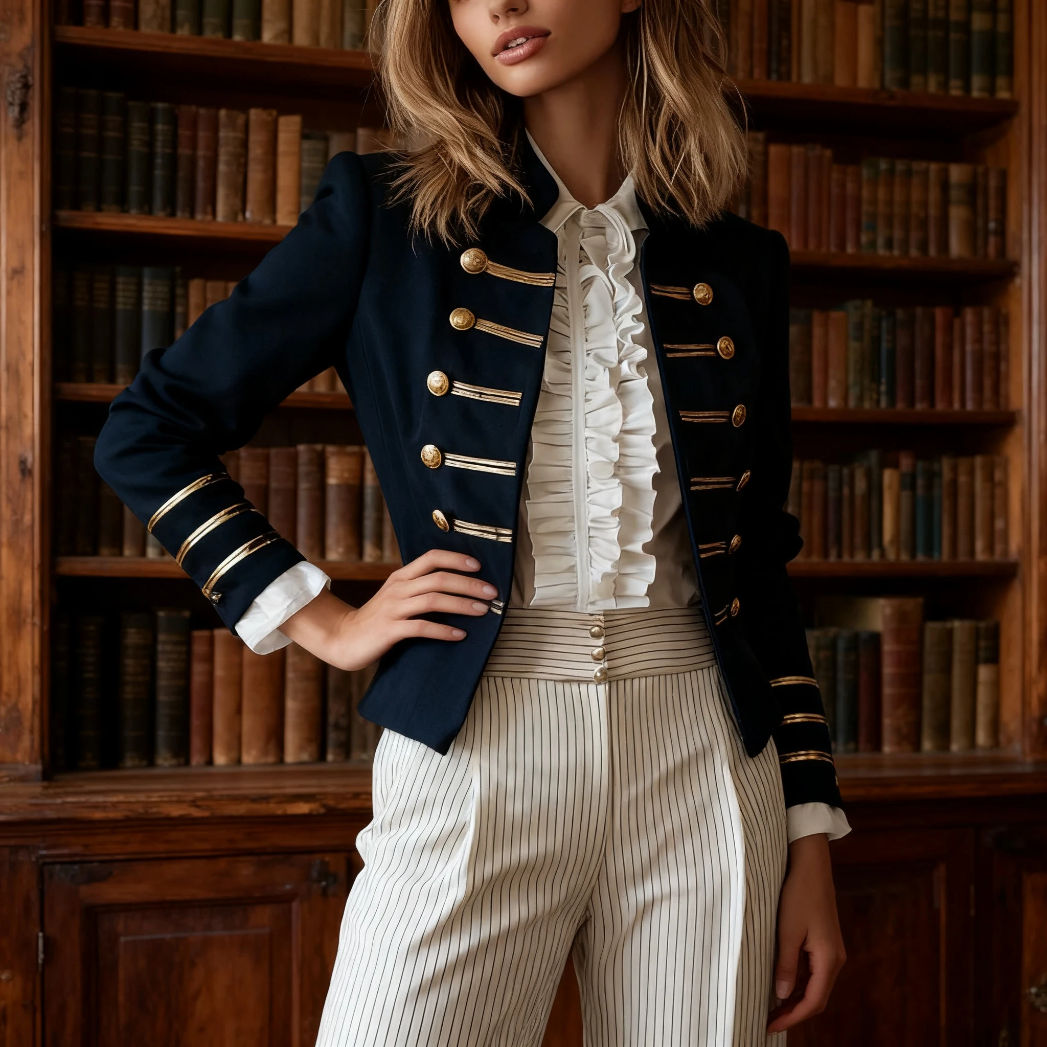 سترة نسائية على الطراز العسكري بأزرار ذهبية مزينة باللون الأزرق الداكن وأكمام طويلة معطف عتيق بقصة ضيقة ملابس خارجية غير رسمية #3