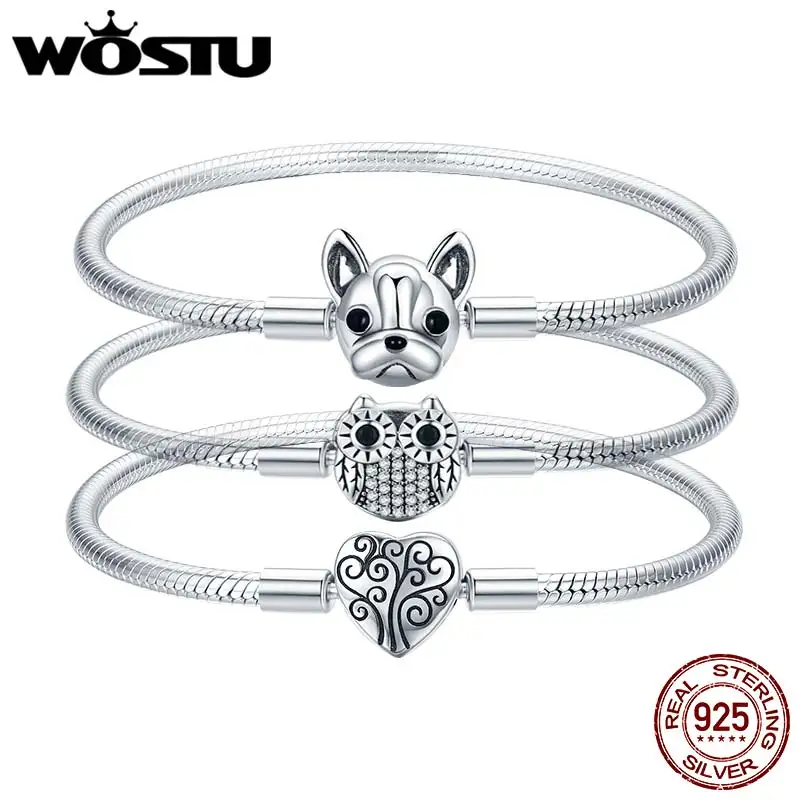 WOSTU 925 Sterling Silver Vintage Tree of Life Bangle Dog Pet owl Bracelet Fit DIY Bracelets Women Valentine Mother's Day Gift