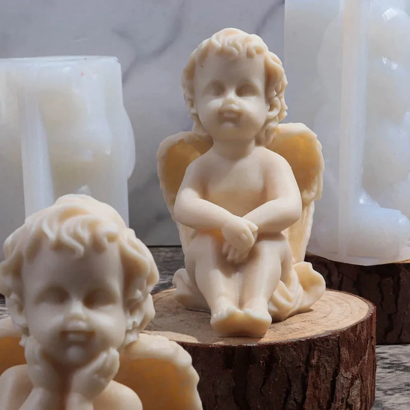 3D Angel Children Silicone Mold Lovely Winged Boys Abstract Craft Scented Candle Wax Mould DIY Gypsum Candle Making