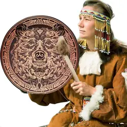 Shamanic Drum 10 Inches Circle Hand Drum With Bear Pattern Small Instruments With Drumstick For Women Men Boys Girls Adults