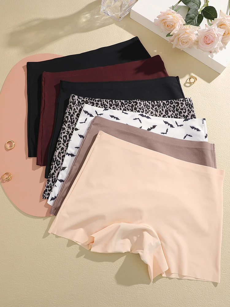 FINETOO 7Pcs Women Seamless Pantys Laser Cut Womenshort Panties Ice Silk No‑Show Boxer Briefs Safety Shorts Under Dress Mid Rise Soft Stretchy Anti‑Chafing Underwear Solid Color Leopard Bat Print Invisible Boxer Briefs For Women Everyday Under Skirt Wear