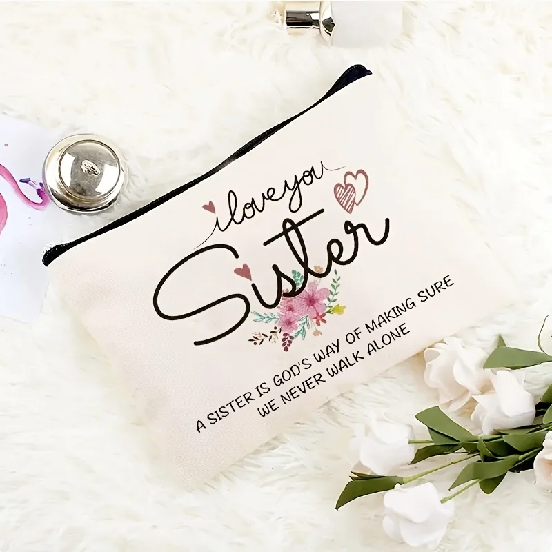 One printed withLove you sisterPortable makeup bag，Student pencil case，Canvas cosmetic bag，Zippered canvas bag