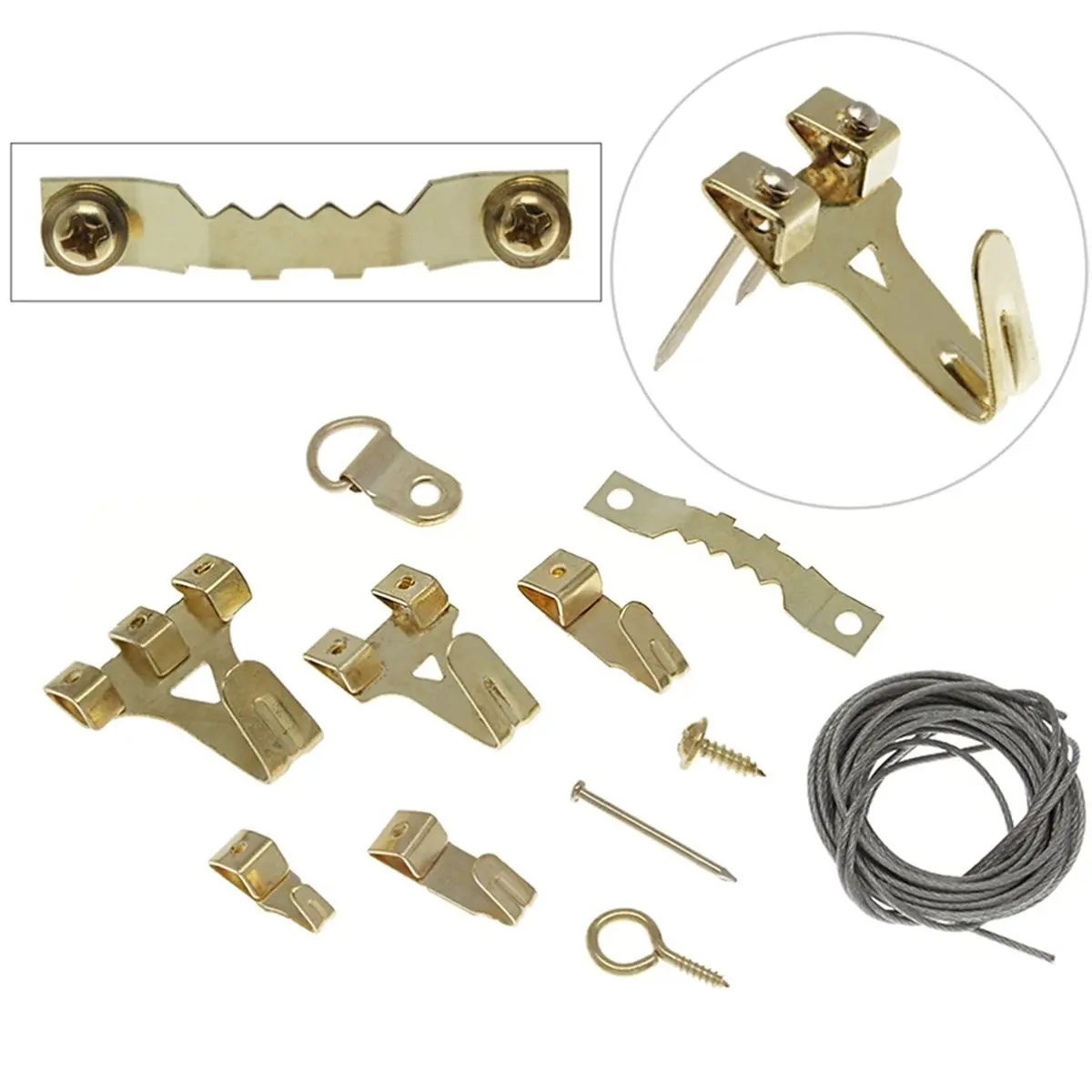 Multi-use Gear 195PCS Picture Hanging Hardware Kit, Multi-Weight Hooks, , Wire & Nails for Frames, Mirrors & Wall Art (Gold)