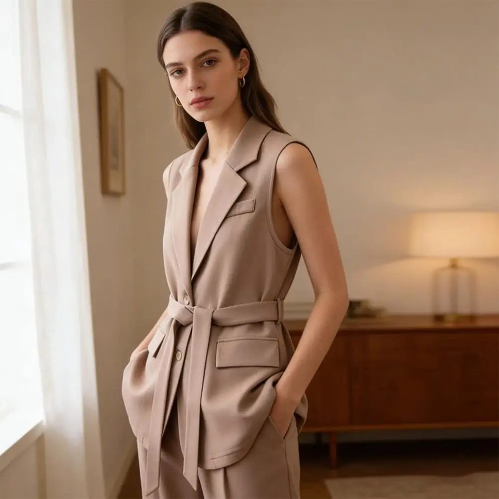 Women's Sleeveless Blazer Vest Button Lapel Collar Work Jacket Fall Casual Long Dressy Coat With Belt Elegant British Style Coat