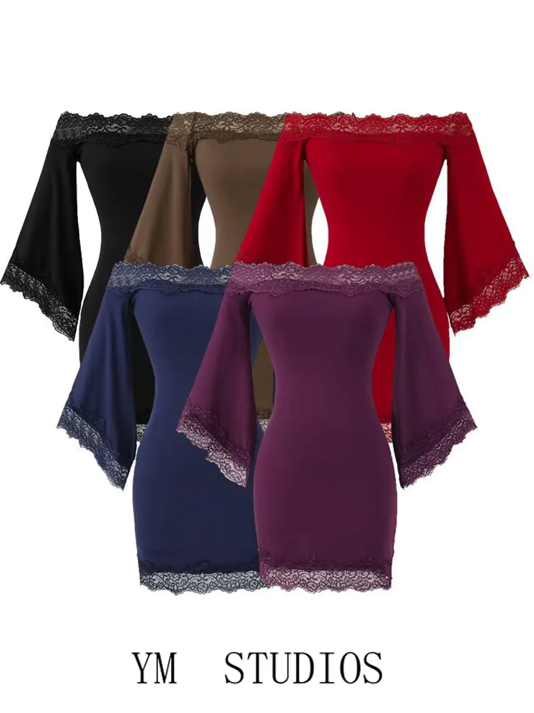 

Sexy Lace Splice Bell Sve Dr Women's ature Date Wrap around Skirt One oulder Gown Soft Fabric Midi Length Dr