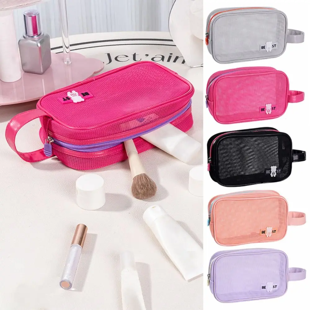 Durable Mesh Makeup Bag With Handle Large Capacity Cosmetic Bag Portable Zipper Wash Pouch