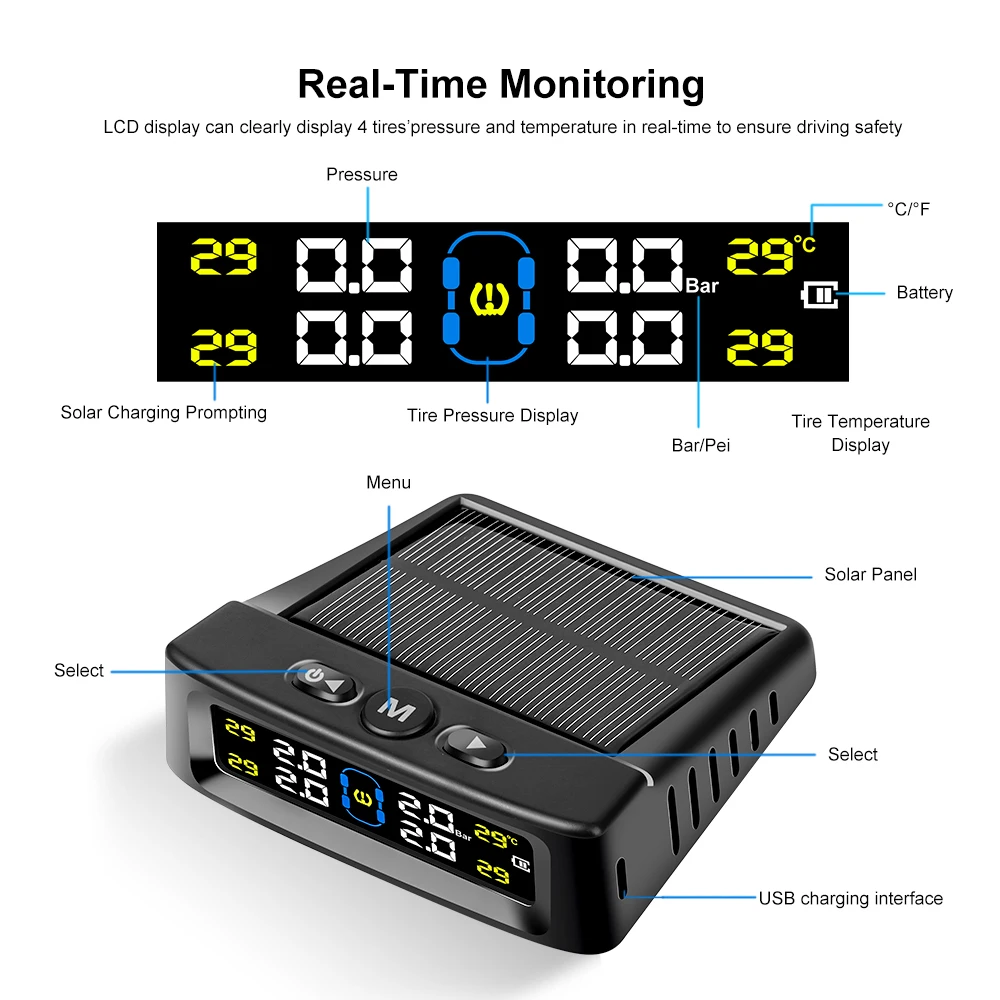 TPMS Car Tire Pressure Alarm Monitor System Wireless Solar Power 4 Sensors Decoration With Colorful Digital Display Accessories