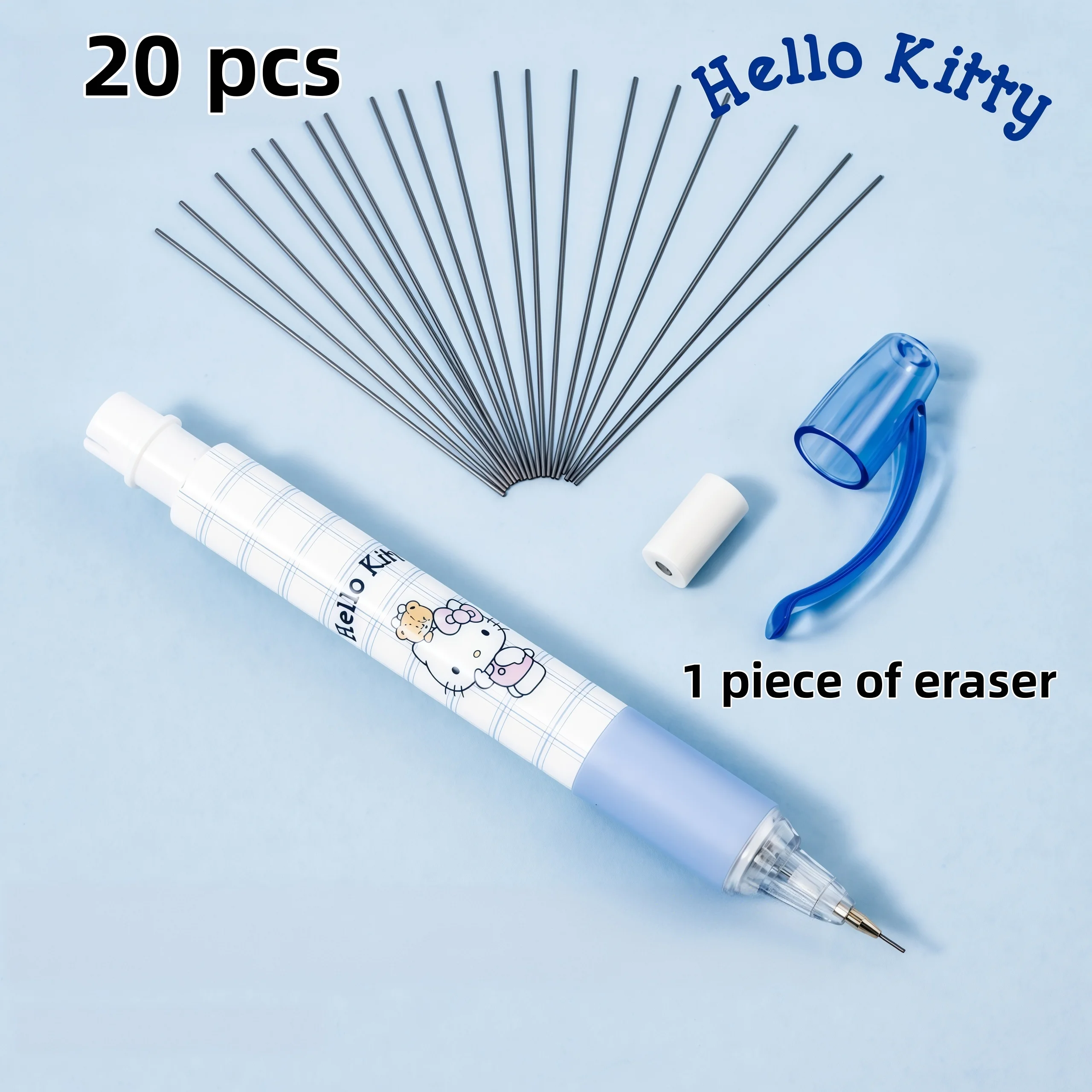 Hello Kitty Large-Capacity Mechanical Pencil 0.5mm with 20 Built-In Lead Refills and 1Pc Eraser, High Quality and Not Easy to Break