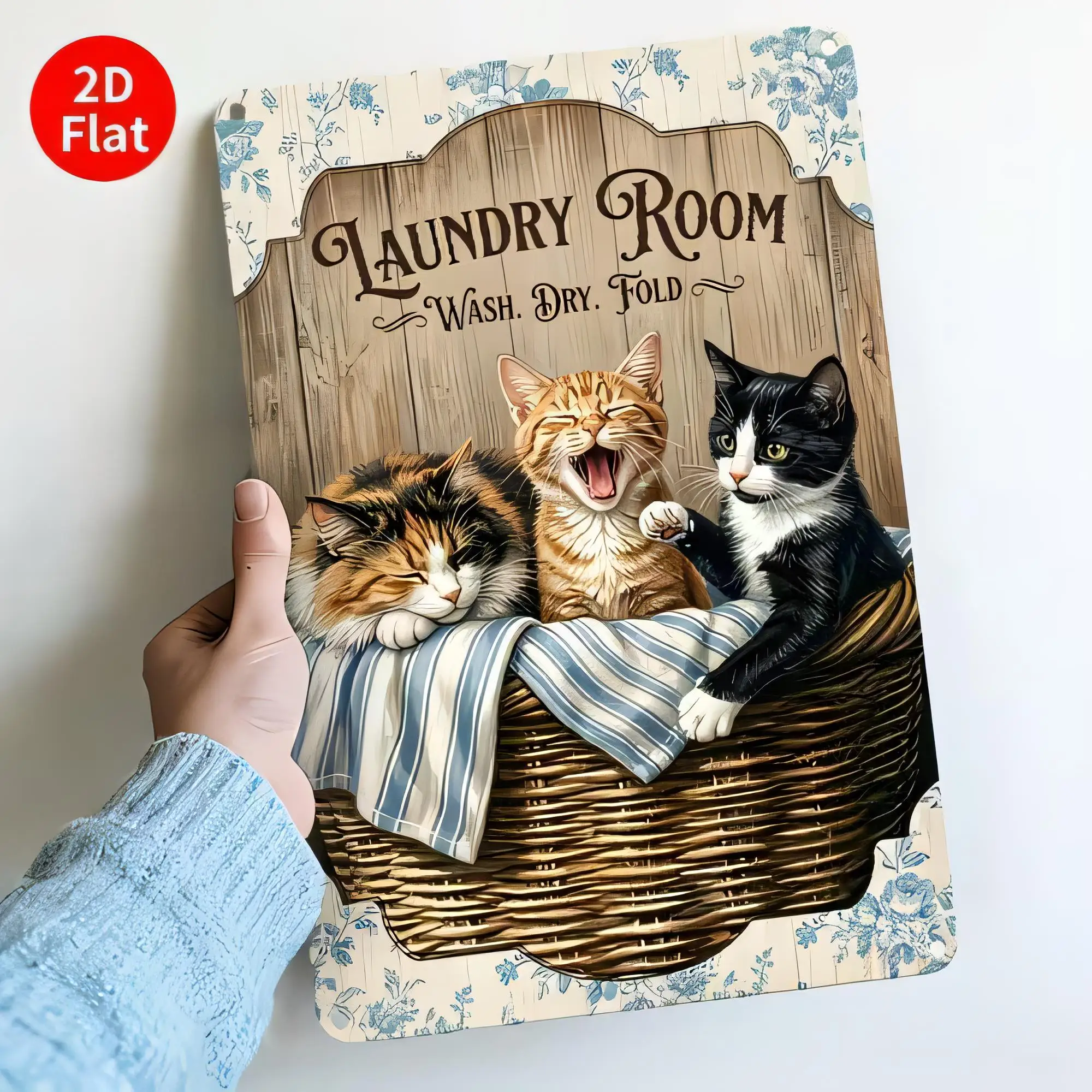 Tin Sign Laundry Room Cute Cats In Basket Wash Dry Fold  Metal Retro Wall Decor for Home Bathroom Garage Farmhouse Vintage Plaqu