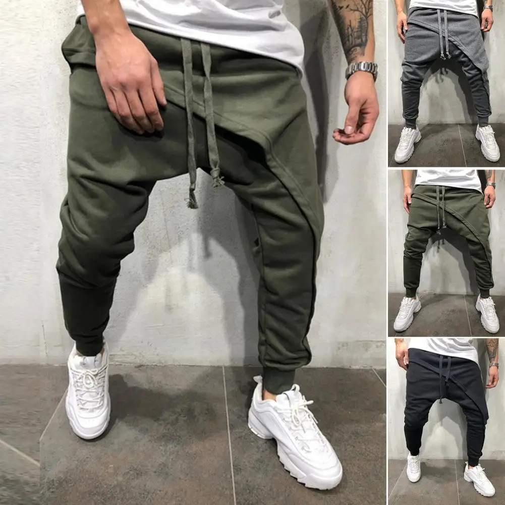 Men Harem Pants Solid Color Ankle Tied Streetwear Hip Hop Lace-up Double Layer Casual Men Trousers Bottoms Running Baggy Pants