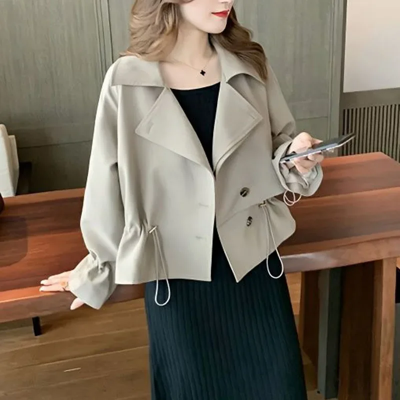 

Autumn Fashion Korean Edition Drawstring Flip Neck Solid Color Short Small Windbreaker Loose and Versatile Western Style Coat