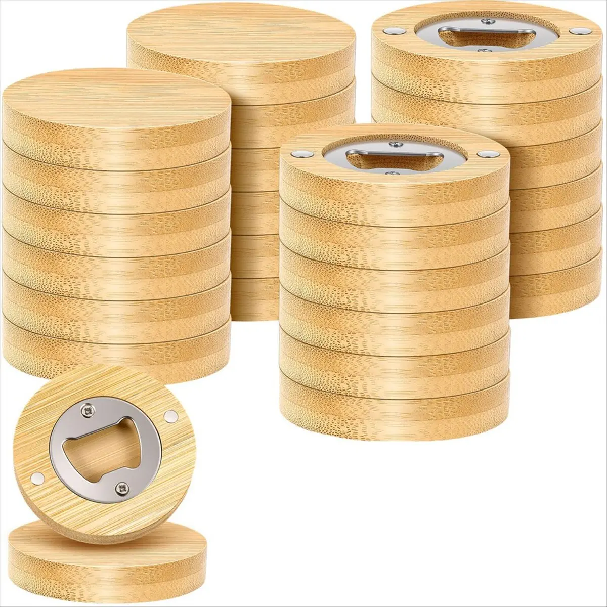ABFW 24 Counts Magnetic Bottle Opener 2.5In DIY Bamboo Round Shape Beer Openers Wooden Fridge Magnet Refrigerator Sticker