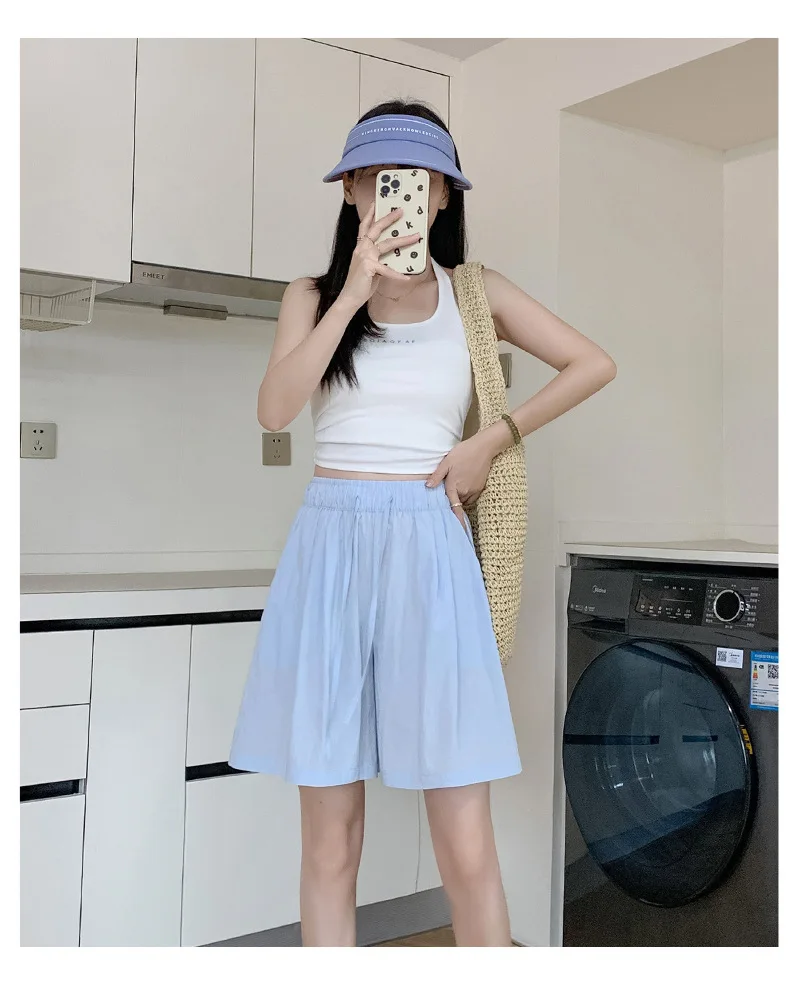 Solid Color Casual Summer Shorts for Women Thin Breathable Elastic Waist Shorts Woman Vacation Loose Wide Leg Shorts Beach Pants