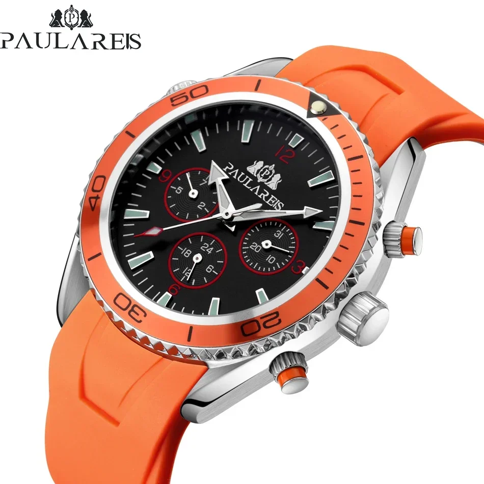 Automatic Mens Watch Self Wind Mechanical Movement Rubber Strap Orange Blue Black Dial Rotatable Bezel Fashion Watches