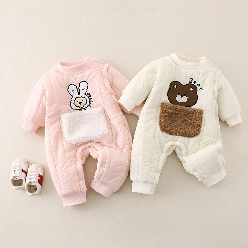 

Очаровательный мультяшный комбинезон на флисовой подкладке для новорожденных: модный хлопковый утепленный костюм для малышей на осень-зиму, ультра-милый наряд для младенцев