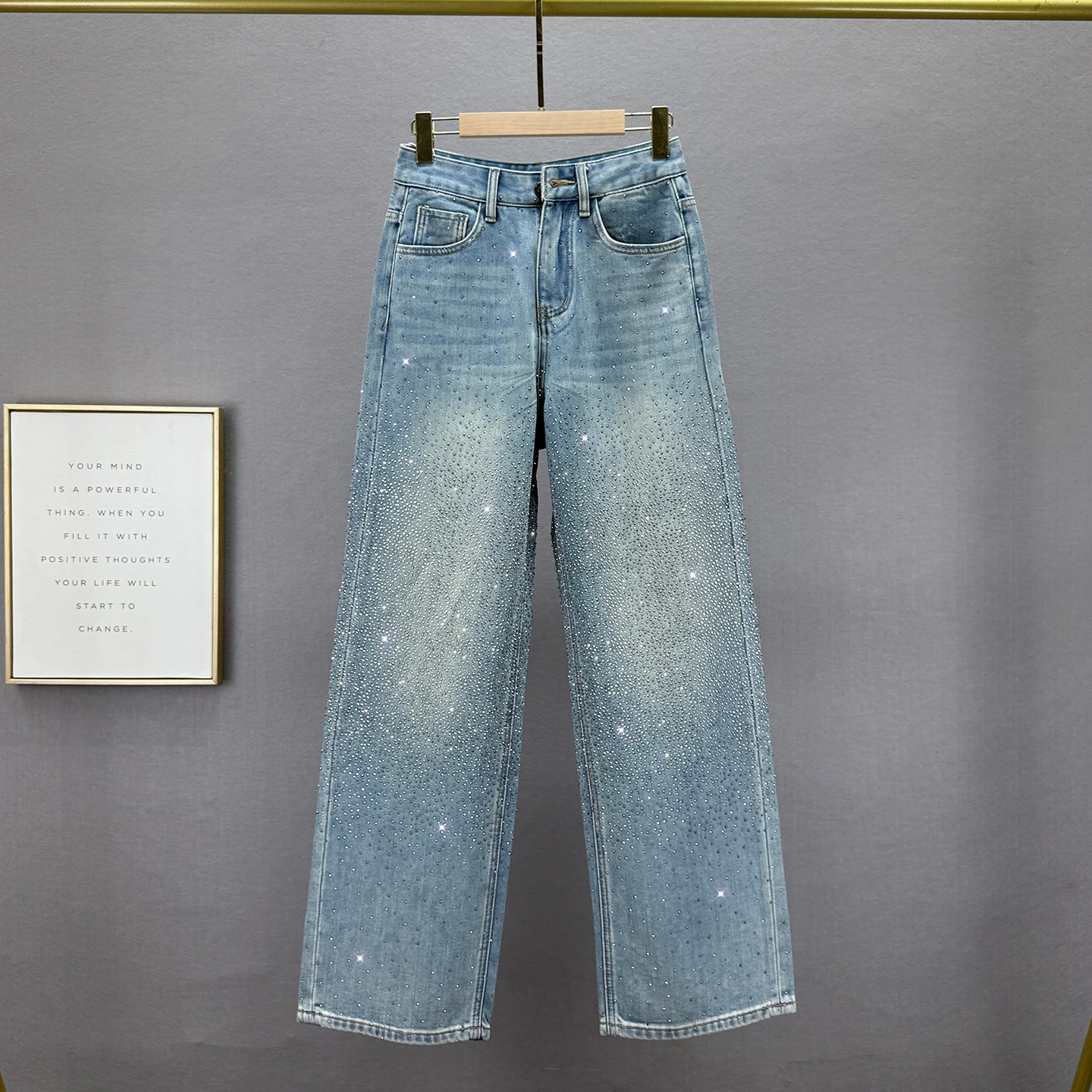 Fleece-Lined Jeans for Women, Wide-Leg Pants, Winter New High-Waisted Loose Slimming Heavy-Duty Rhinestone Floor-Length Trousers