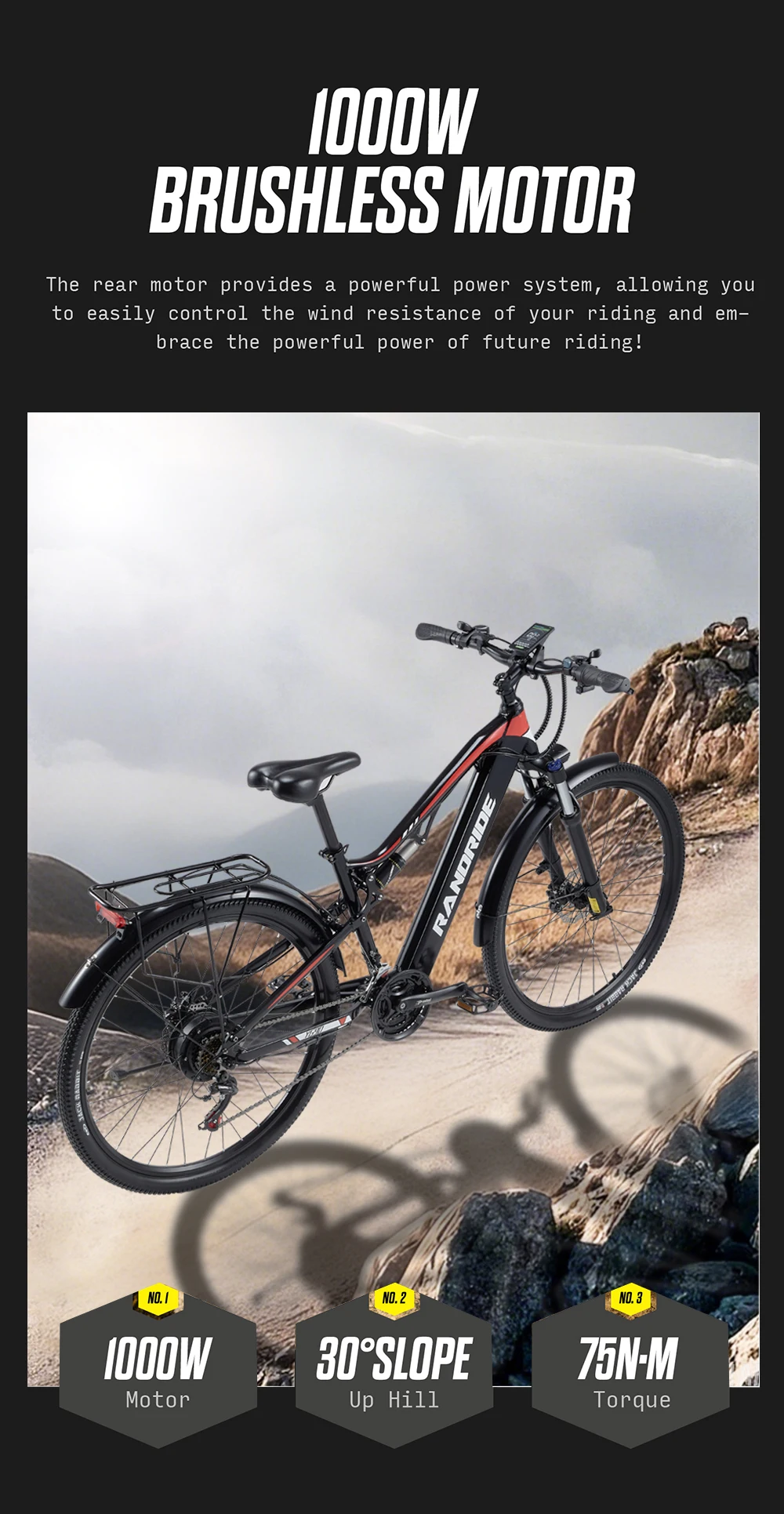 Elektrofahrrad RandRide YG90B-29 48V17AH Akku 1000W Motor 45KM/H Geschwindigkeit Allterrain-Mountainbike E-Bike EU-Lagerbestand – Detail 4