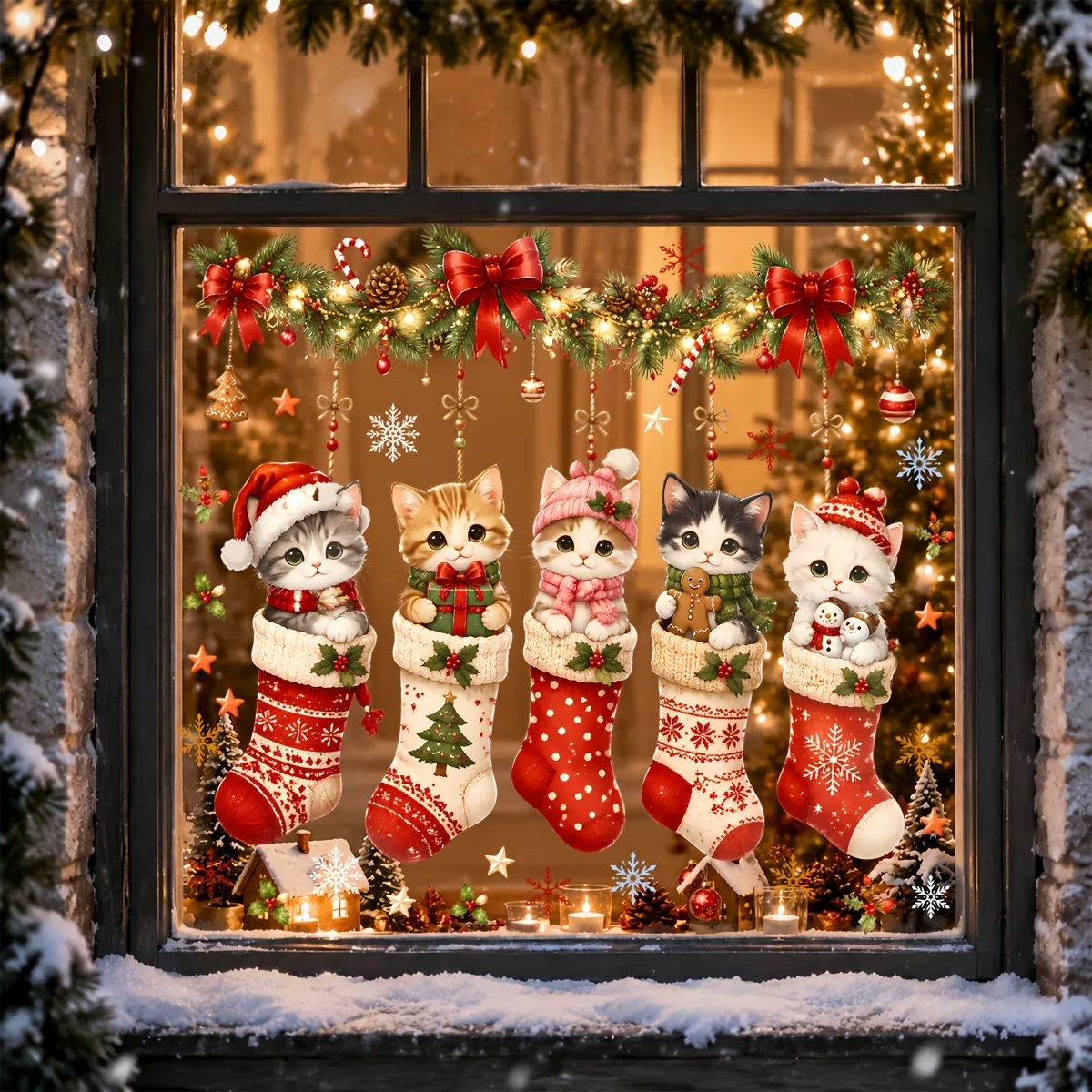 Christmas Animal Window Clings Cute Animals in Xmas Stockings Static Glass Stickers Snowflake Decals for Home Door Holiday Decor