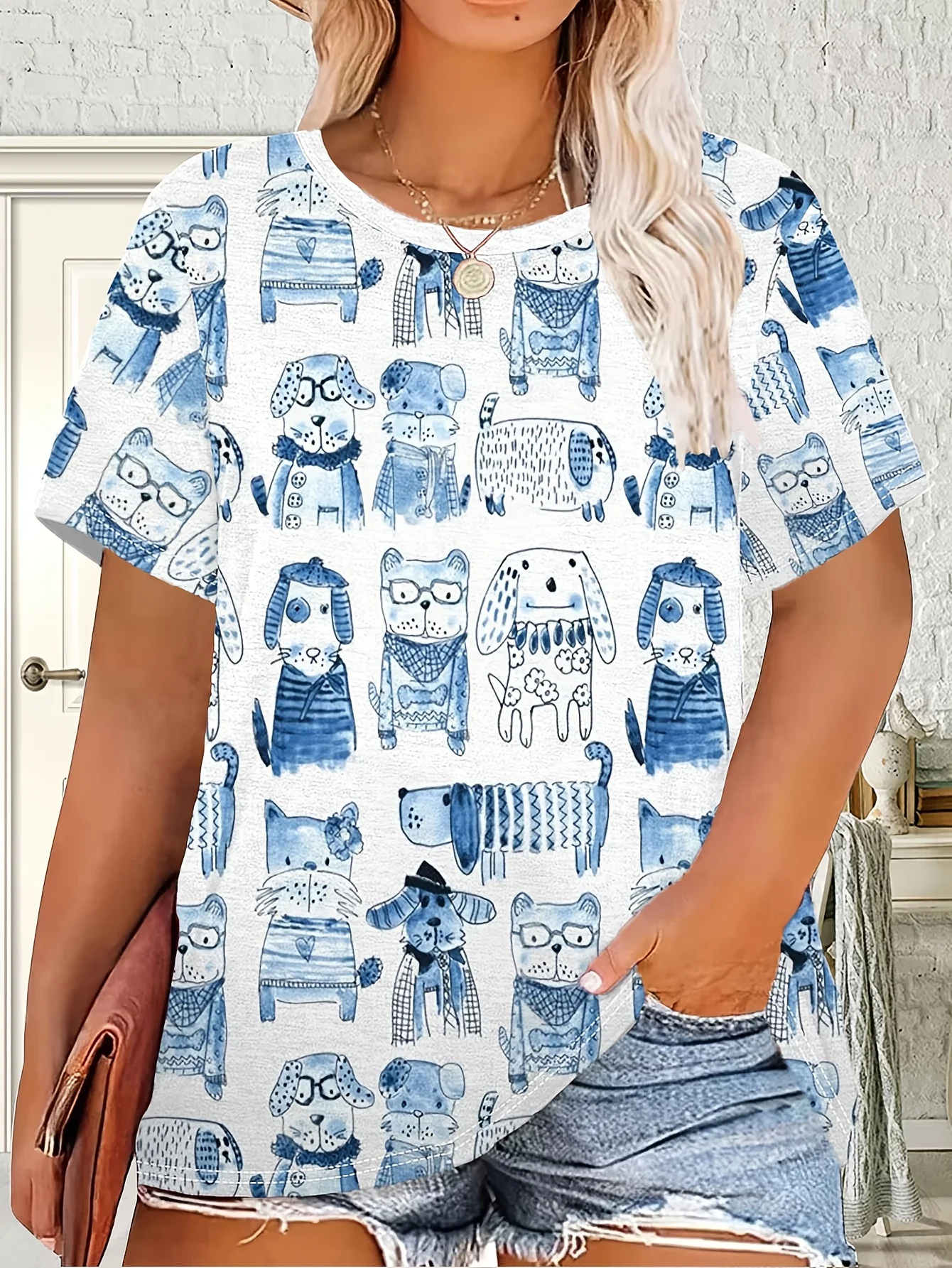 Women's O-Neck T-shirt Drawn Cartoon Cat Dog Full Print Short Sleeve Top Casual Loose Cute Animal Daily Street Ladies Clothing