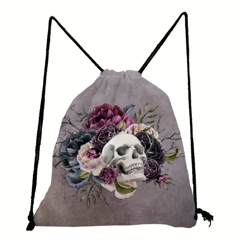 Floral Skull Print Drawstring Backpack, Stylish Unisex Gym Rucksack, Casual Daypack Fro Daily Use