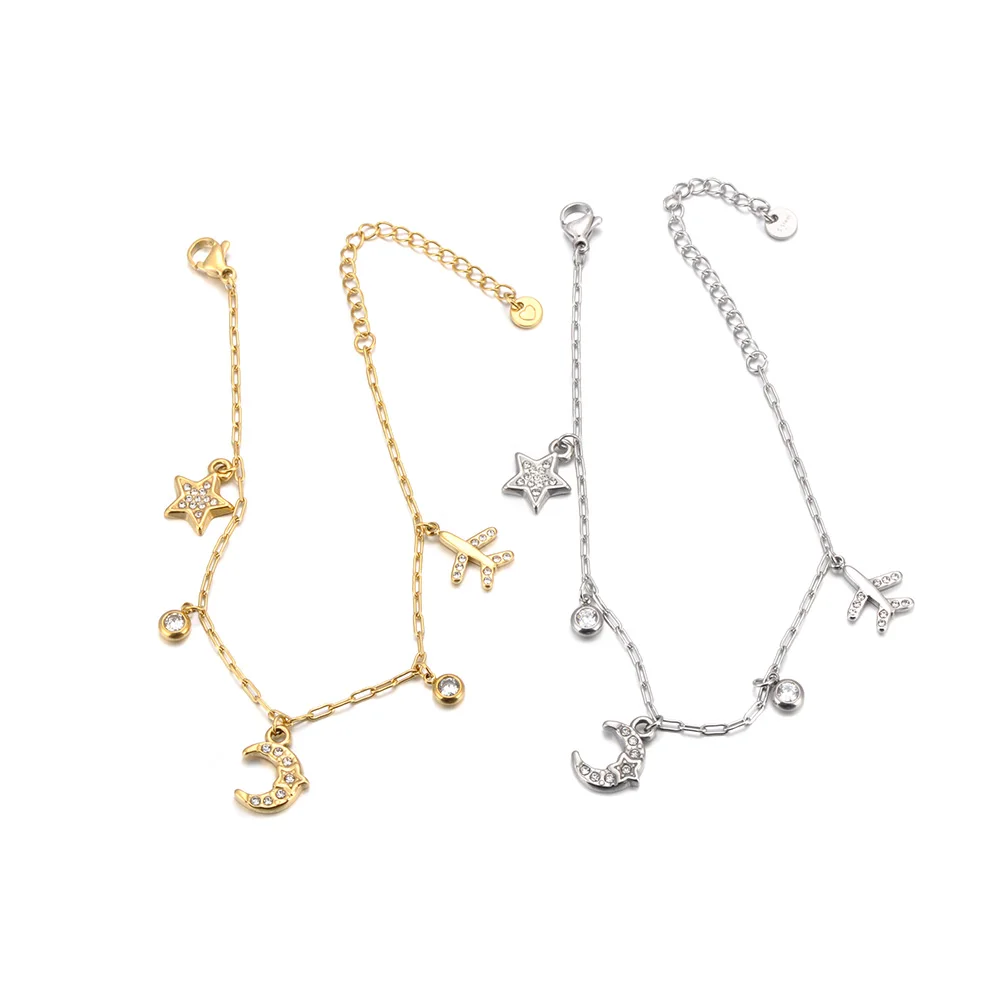 Lokaer Fashion Airplane Star Moon Charm Bracelet Necklace 316L Stainless Steel Zircon Waterproof Daily Jewelry for Women B25124