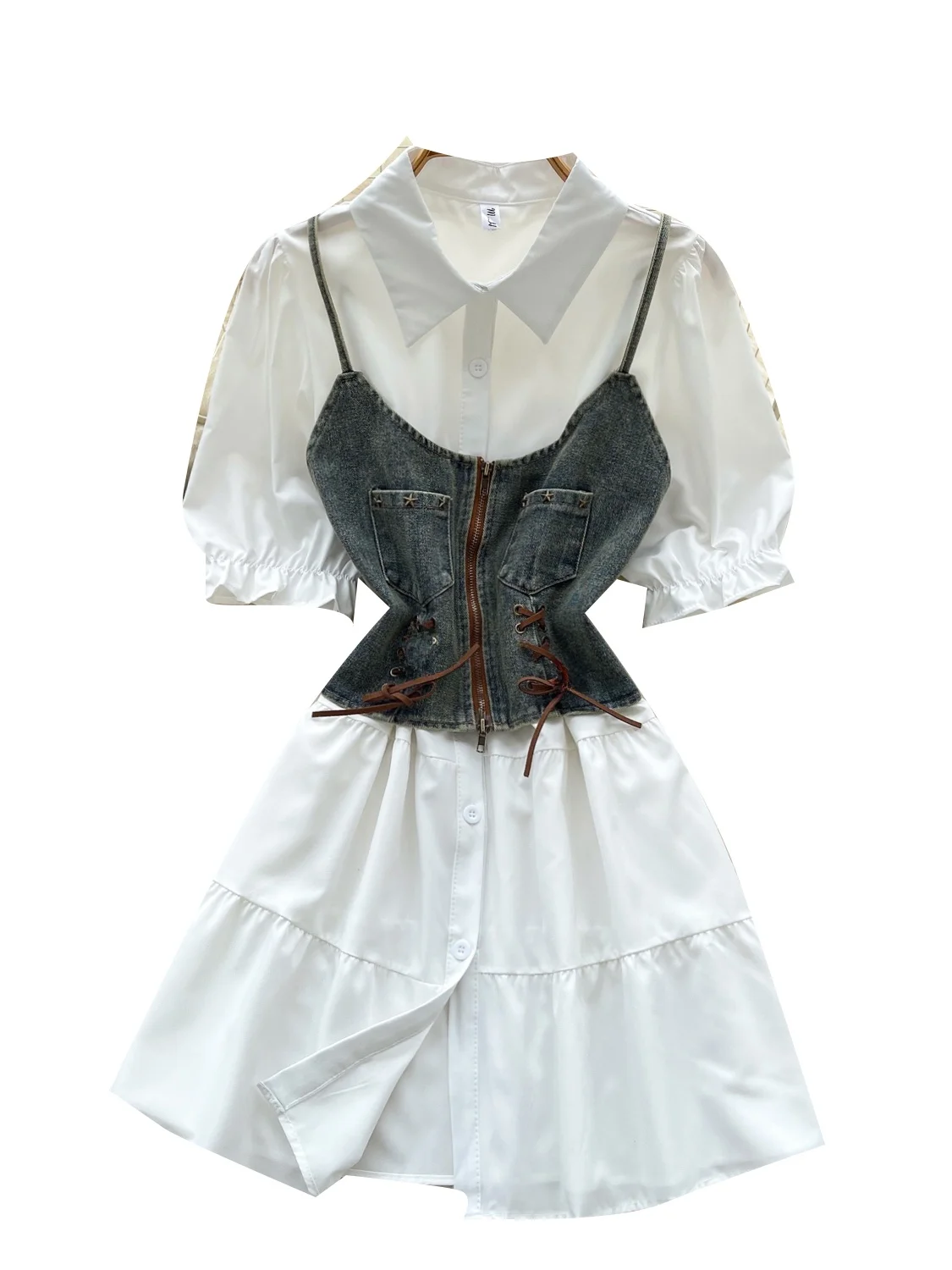 

Summer Ne irt Dr Set with Strap Denim Vest Ele Lady Sle Women's Faion Ensemble Pure Color for Young Adults