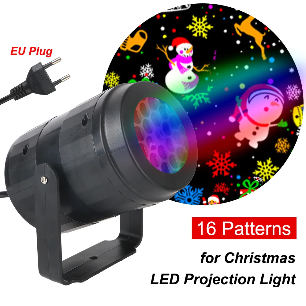 Автоматическое RGB-освещение, лазерная проекция Φ, 85-260 В переменного тока, 16 узоров для рождественских праздников, вечеринок, универсальная европейская вилка
