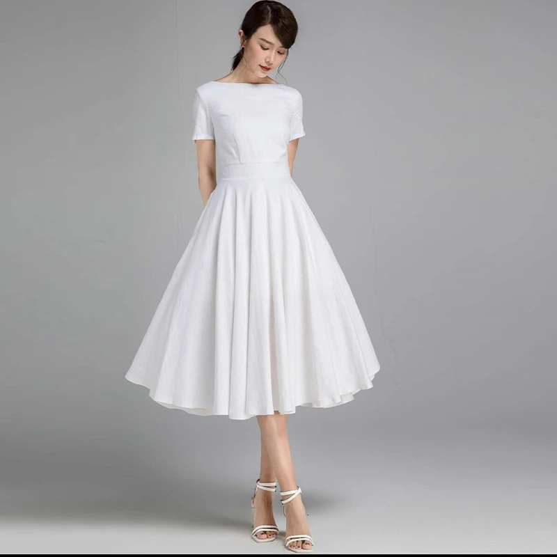 

Family wedding dress, Midi wedding dress, Modest wedding dress, White dress women, Swing Dress, Linen dress, Bridesmaid dress