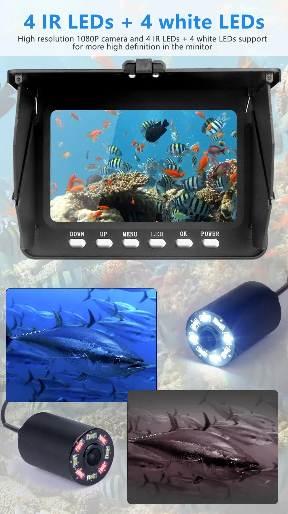 Caméra de pêche sous-marine haute définition, écran LCD Full View, câble vidéo, détecteur de poisson, 5 ", IPS, 1080P, 20m