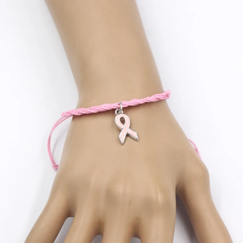 10PCS Wholesale New Breast Cancer Pink Ribbon Bead Charm Bracelet Pink PU Braid Leather Bracelets For Women Jewelry Awareness