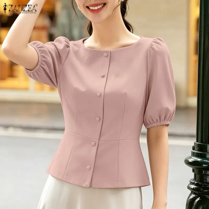 2026 ZANZEA Summer Blouse Stylish Elegant Short Puff Sleeve Slim Fit Tops Women Casual Solid Color Work Shirt Buttons Up Blusas