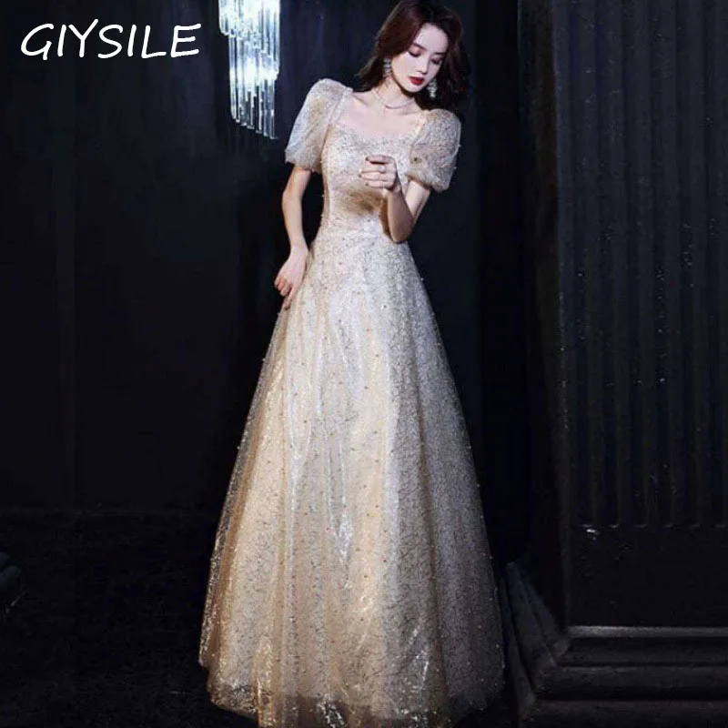 

GIYSILE Banquet Evening Dress New Champagne Color Host Luxury Dress Temperament Romantic Birthday Party Dresses Women Evening