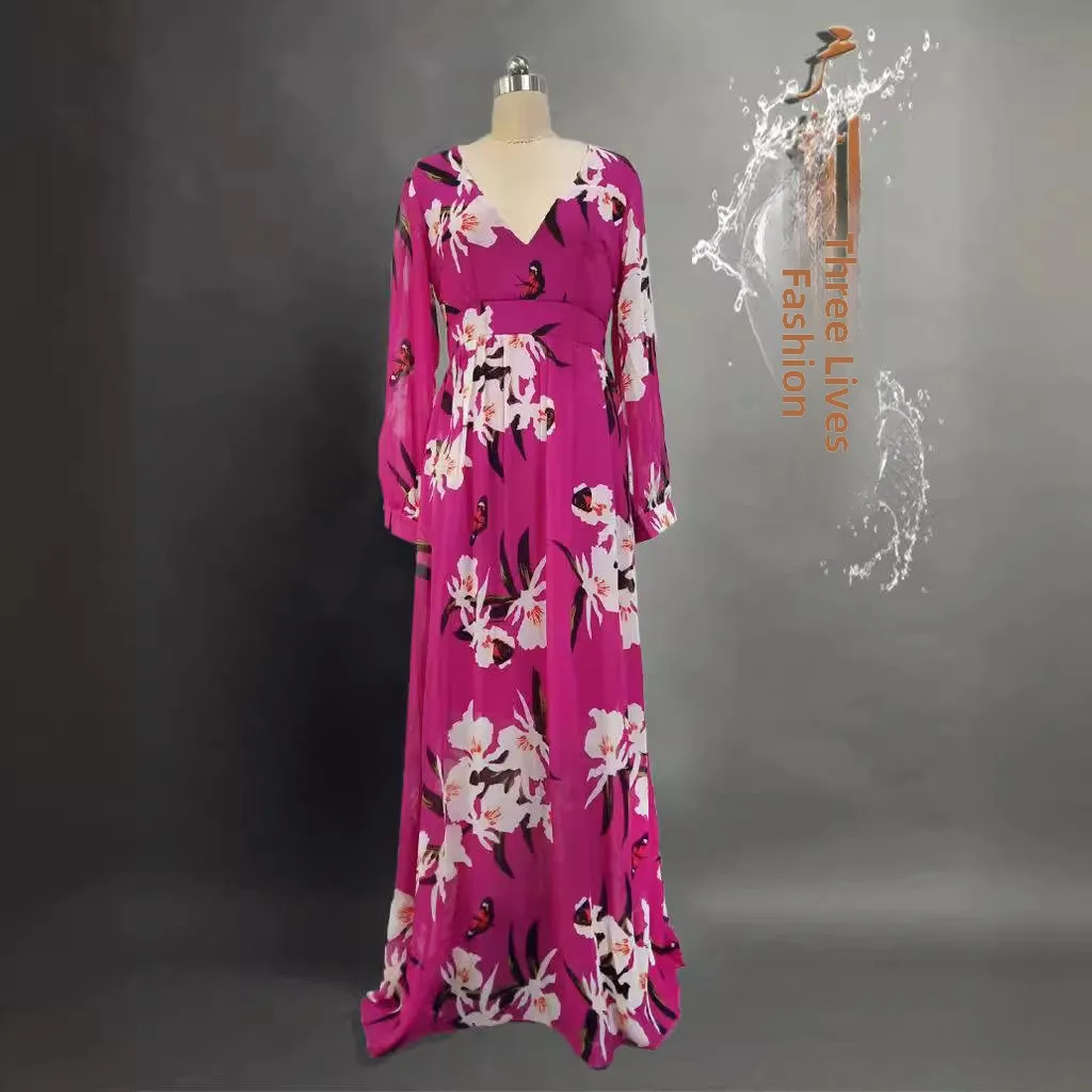 Vestido de Verano con Estampado Moderno, Manga Larga, Cuello Alto, Falda Amplia, Ropa E para Mujer, Marca Eonova Sandr...