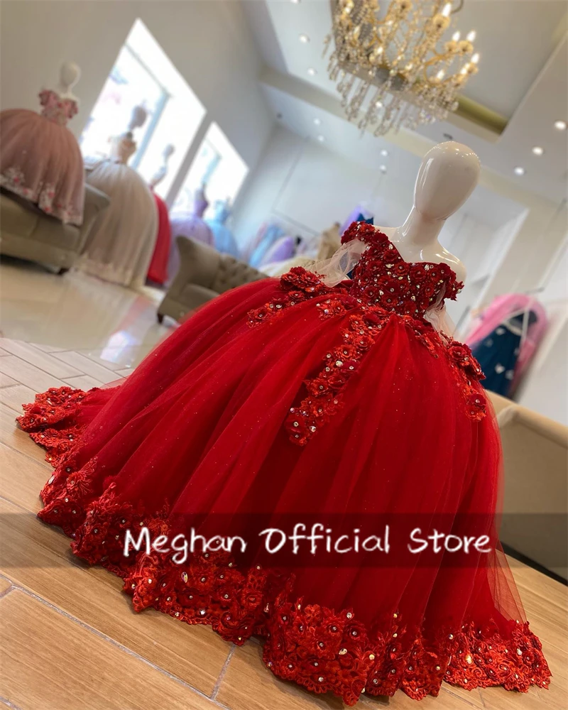 Red Off Shoulder Ball Gown Flower Girl Dresses For Wedding Kids Beaded Appliques Pageant Dress Princess Flower Birthday Gown