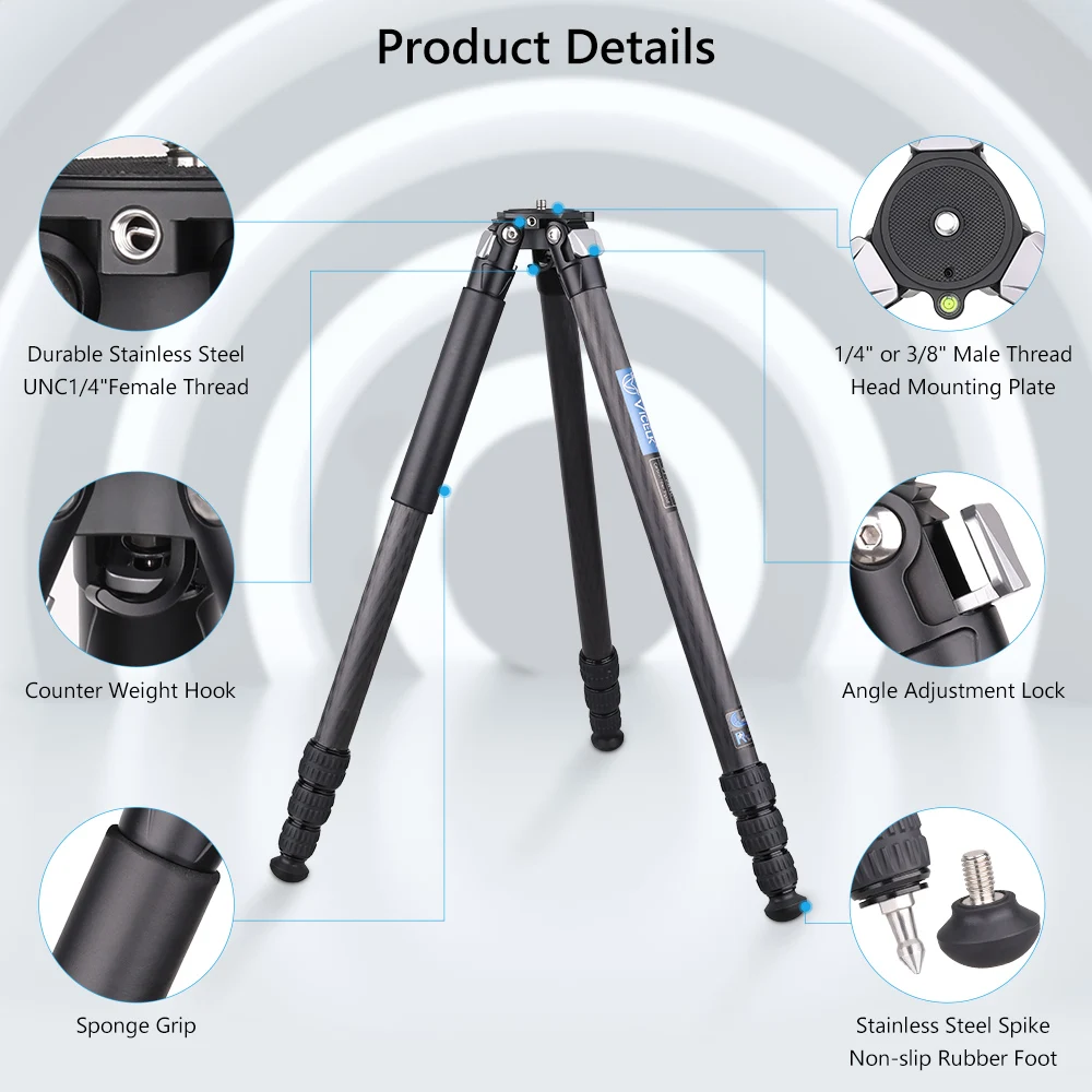 VICELK 158cm Carbon Fiber Tripod 29mm Tube Professional Ultra Stable&Lightweight Travel Tripod for DSLR Camera,Load 20kg,VT-284C