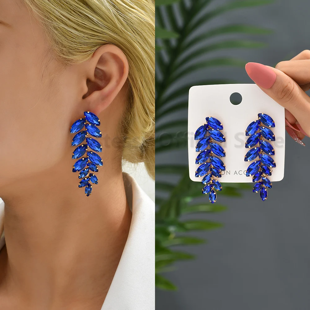 Vintage Long Drop Dangle Earrings For Women Maple Leaf Shaped Full Glass Crystal Trend Luxury Jewelry Bridal Wedding Accessories