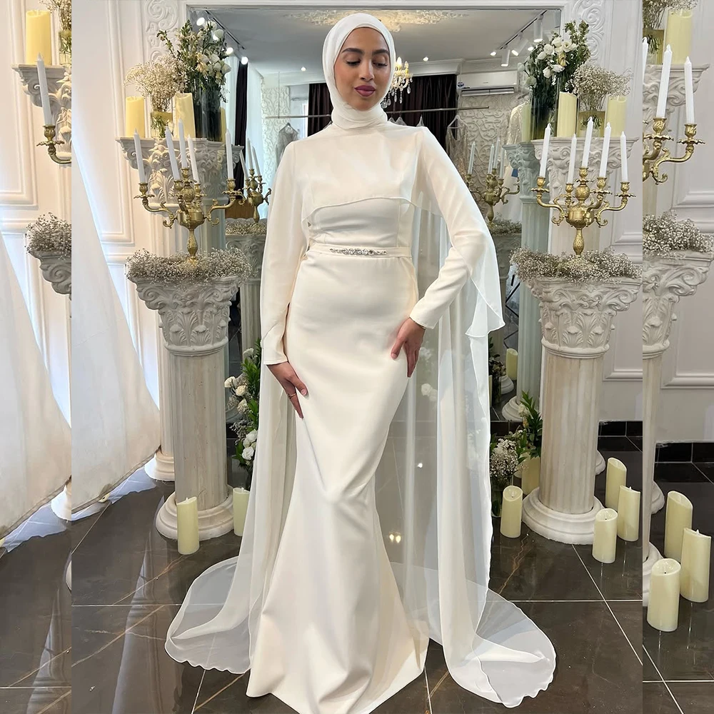 

Muslim Wedding Dress with Cape Long Sleeve High Neck Mermaid Sweep Train Bridal Gown Customized свадебное платье