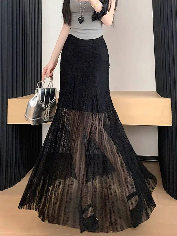 Media falda calada de encaje blanco para mujer, falda larga de sirena ajustada plisada drapeada elástica de cintura alta de verano