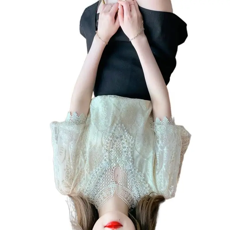 Court Style Heavy Industry Diamond Beads Embroidered Lace Shirt Hollow Bubble Sleeve French Temperament Elegant Inner Hollow New