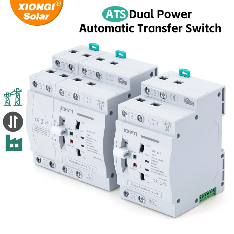 XIONGISOLAR G2R-63 II DIN Rail Mini ATS Automatic Transfer Switch 63A 2P 4P 230V Dual Power Selector Switches for Generator