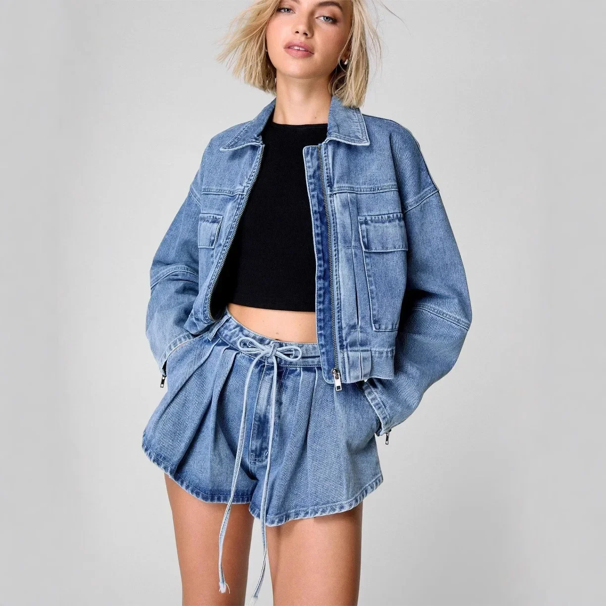 

Casual Denim Top Shorts Set Women Loose Lapel Zippers Pockets Jacket Drawstring Short Pants Female Streetwear Outfits Biker