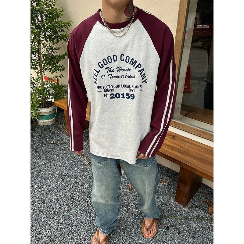 

2024 Autumn New Men's Crew Neck Letter Contrast Color All-match Spliced Striped Long Sleeve Comfortable Loose Casual T-shirt Top