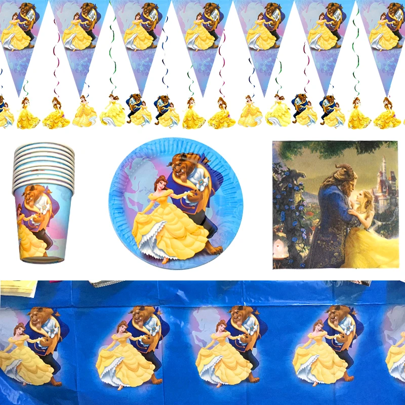 63pcs/lot Beauty Beast Theme Banner Birthday Party Plates Decorate Cups Girls Favors Napkins Tablecloth Ceiling Swirls Towels