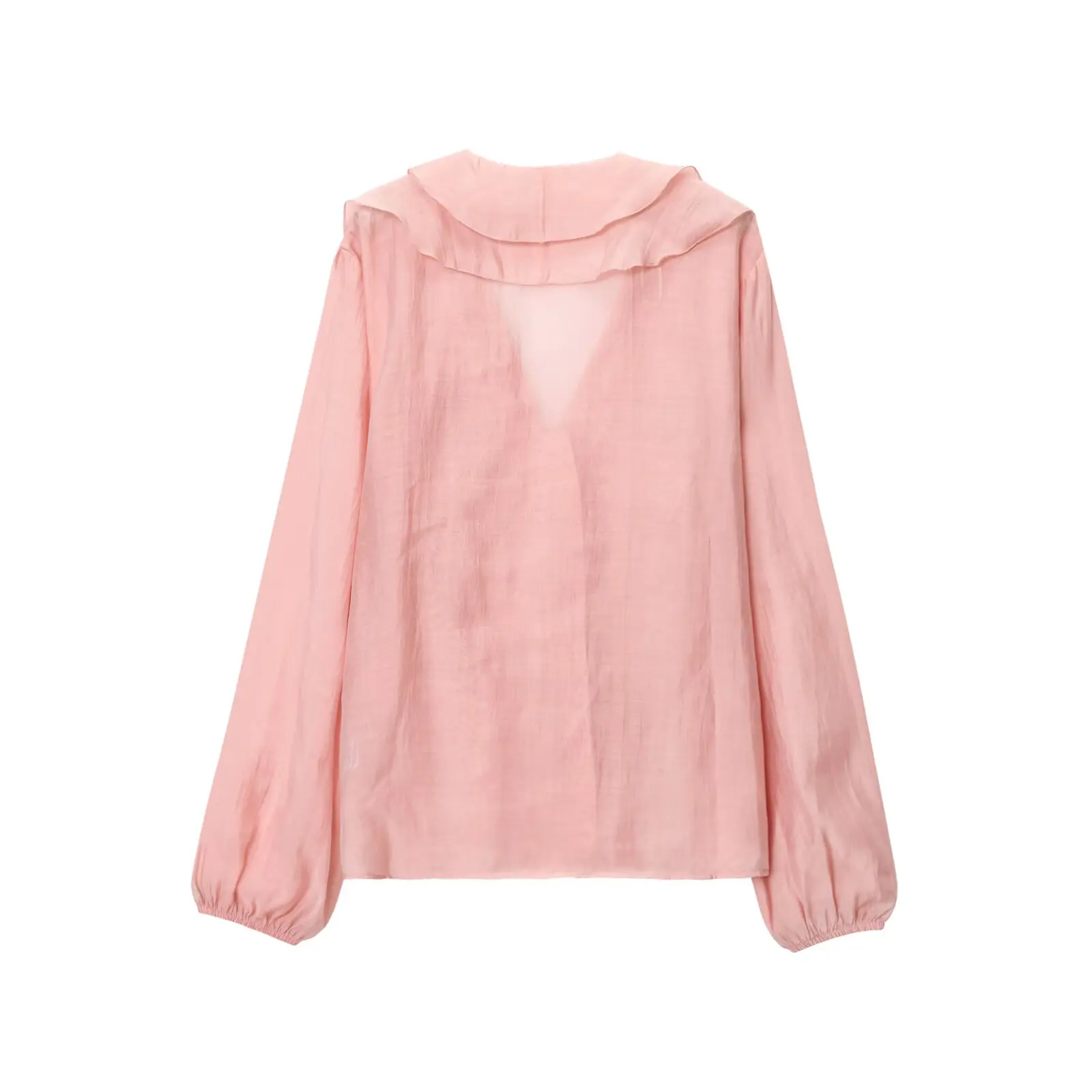 HH Französischer Stil Rosa Rüschenbesatz Bluse Damen V-Ausschnitt Knopfleiste Chiffon Elegant Sommer Urlaub Strand Business-Kleidung – Detail 3