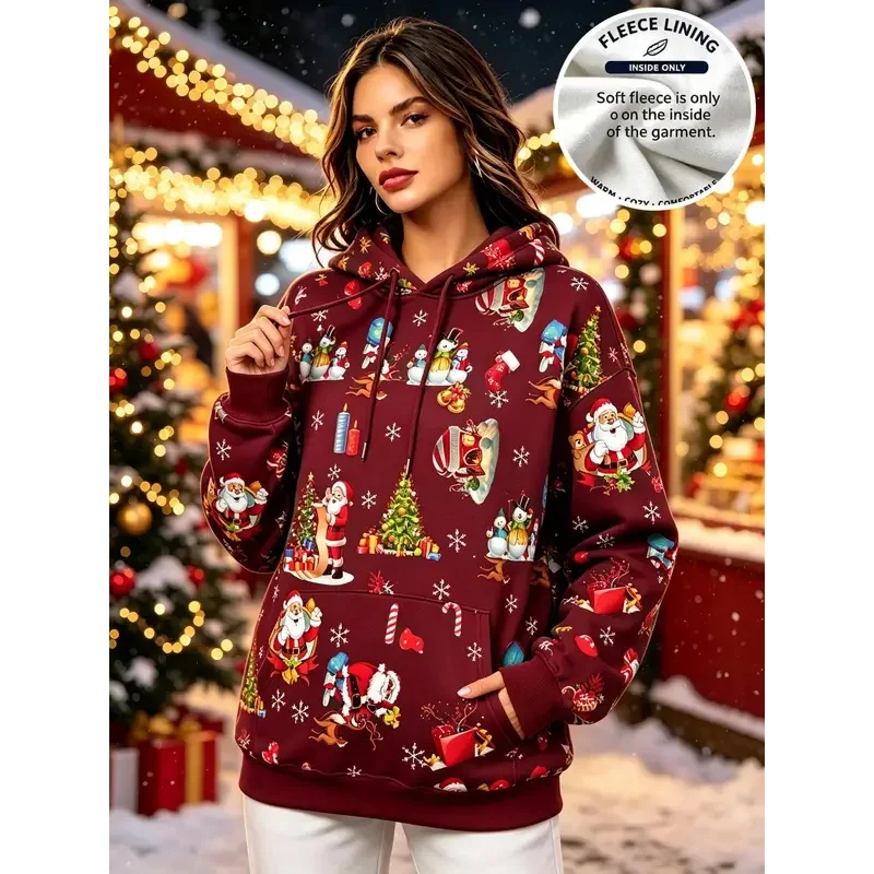Christmas-themed women's fleece hoodie with a Christmas tree design featuring pocketsandsuitable for casualand versatile outfits