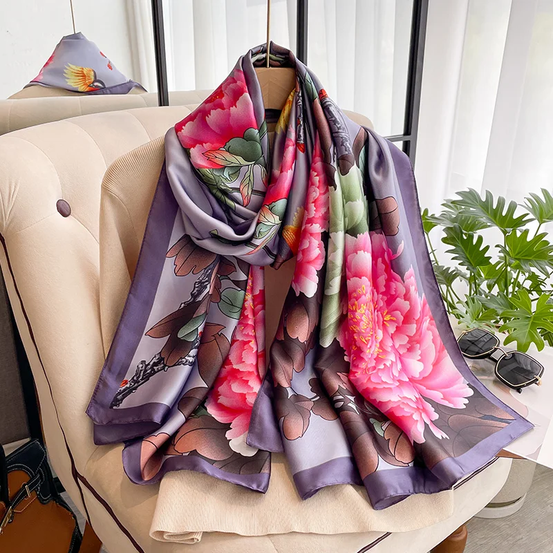 New Fashion Satin Silk Scarf Shawl For Muslim Woman Floral Printed Hijab Autumn Ladies Hijab Wholesale Headscarf 180*90cm