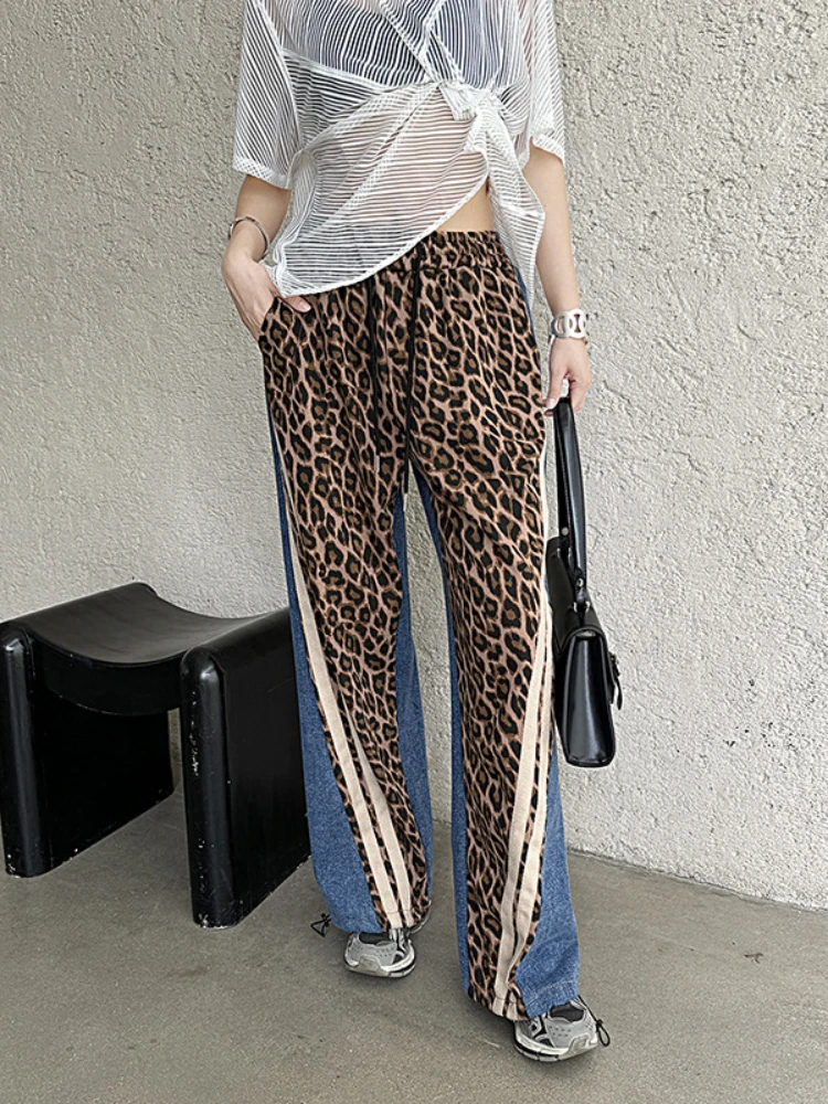 Vintage Leopard Print Stitching Jeans Autumn Fashion Elastoic High Waist Wide Leg Pants Loose Casual Spice Girl Trousers Women