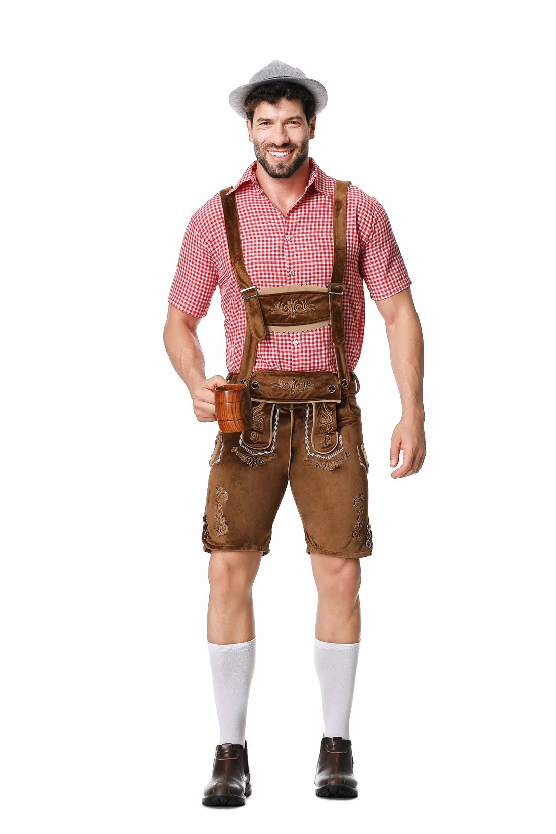 M-XXL Men German Oktoberfest Lederhosen Costume Short Sleeve Plaid Shirt Suspenders Hat Set Beer Festival Male Cosplay Halloween