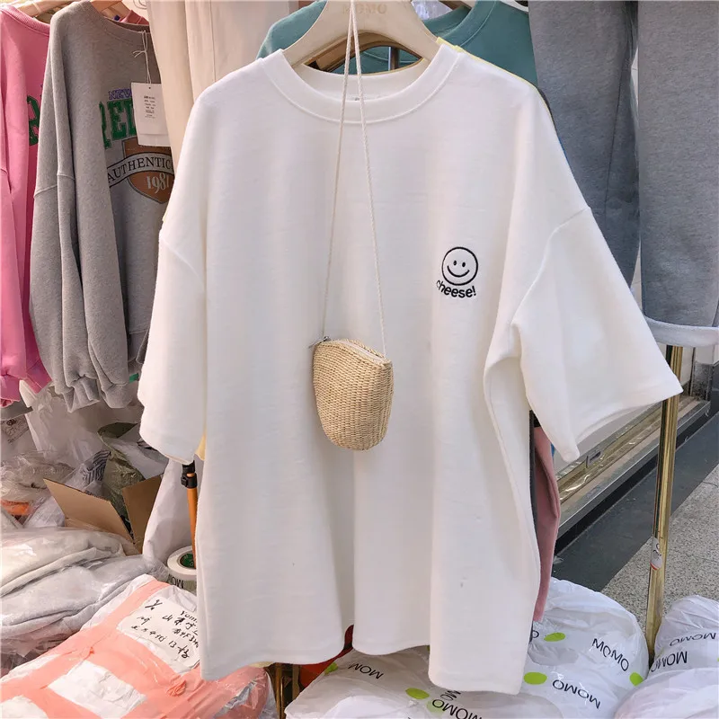 Y2k Summer Corset Smile T Shirt Women O-neck Fashion New Loose Plus Size Tee Shirt Embroidered Kpop Short Sleeves Tshirt Woman